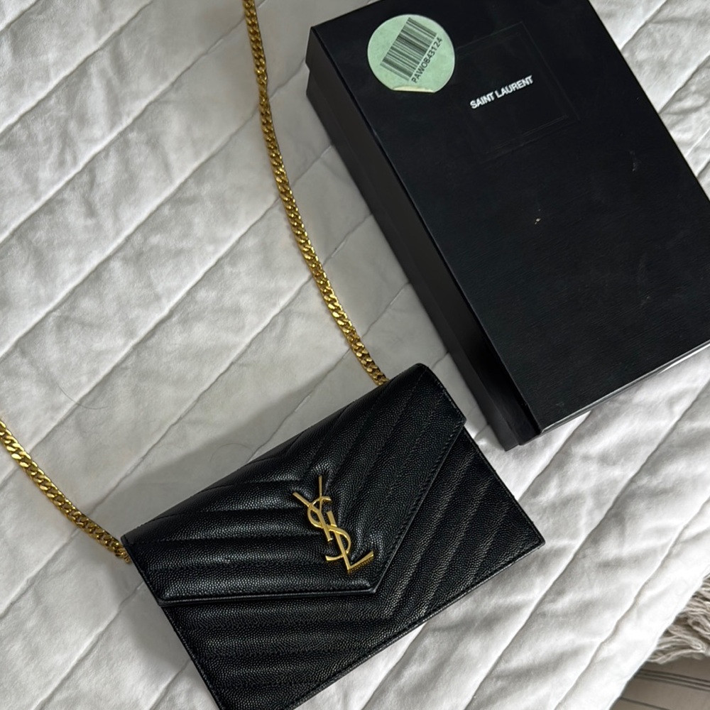 Saint Laurent Black and Gold Crossbody Bag with Quilted Leather